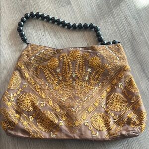 Nine West Embroidered Tan Bag with Black Beaded Strap